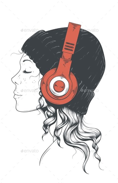 Girl in Headphones - Vector EPS. Download: https://graphicriver.net/item/girl-in-headphones/21684827?ref=ksioks A Woman, Headphones, Music, Hair, Art