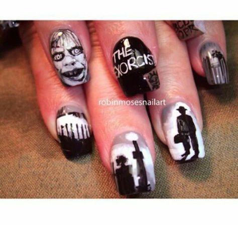 Pin for Later: These Horror-Movie Manicures Will Make You Pumped For Halloween The Exorcist Exorcist Nails, Scary Nails, Horror Nails, Nail Designs Tutorial, The Exorcist, Halloween Nail Art, Nail Art Inspiration, Scary Halloween, Black Nails