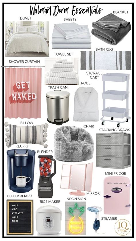 omg this is so helpful for my daughter who is going to college in the fall! We love these walmart dorm room essentials for her room. Collage Dorm Essentials, Essentials For College, Dorm Room Essentials List, College Packing List, Dorm Room Checklist, College Bedroom Decor, Dorm Shopping, Dream Dorm Room, Cozy Dorm Room