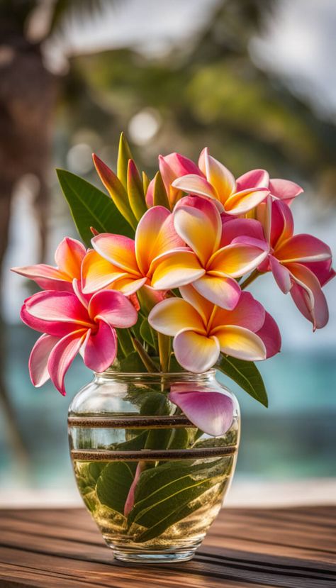 wonderful vase with Plumeria flowers - AI creation Frangipani Flower Arrangement, Plumeria Bouquet, Plumeria Tree, Beach Rainbow, Flowers Pics, Reception Table Settings, Beach Flowers, Odd Stuff, Plumeria Flowers