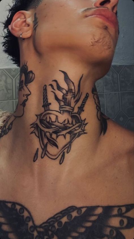 Neck Tattoo For Guys Traditional, Neck Tattoo Aesthetic, Tatto Old Scold, Badboy Tattoo, Tattoo Neck Men, Men Neck Tattoo, Madonna Tattoo, Shogun Tattoo, Tattoed Guys