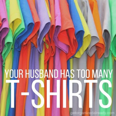 Does your husband own too many t-shirts? You're not alone. Before you start decluttering for him, consider these tips about organizing for other people. Tee Shirt Organization Closet, Organizing T Shirts In Closet, Best Way To Organize Tshirts, Tshirt Organization Closet Storage, How To Organize T Shirts, Tee Shirt Organization, Tee Shirt Storage, Organizing T Shirts, T Shirt Organization Ideas