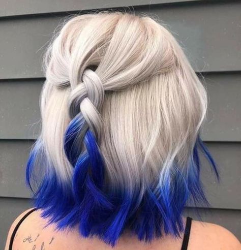 Blue tips Hidden Hair Color Blondes, Hair Color Ideas Peekaboo, Blonde Hair With Colored Tips, Dip Dyed Hair, Blonde And Blue Hair, Fox Hair Color, Fun Hairstyles, Dyed Tips, Hair Dye Tips