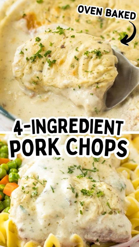 These 4 Ingredient Oven Baked Pork Chops come together quickly, smothered in a creamy mushroom-ranch sauce that's pure deliciousness over mashed potatoes or rice. It's a fast, flavor-packed meal for busy weeknights that your family will ask for again and again. Pork Chops With Bread Crumbs, Pork Chops Quick, Baked Boneless Pork Chop Recipes, Marinade Pork, Baked Boneless Pork Chops, Oven Pork Chops, Pork Chops And Rice, Easy Baked Pork Chops, Boneless Pork Chop Recipes