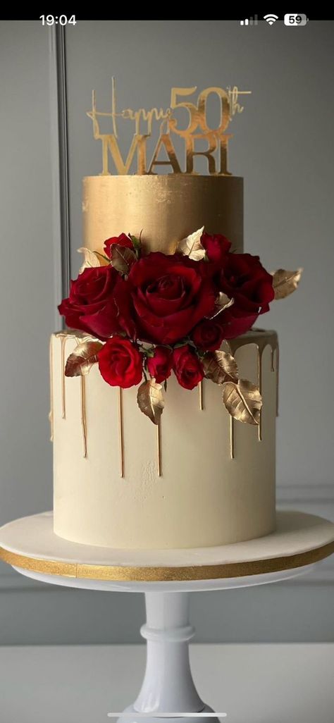 2 Tier Wedding Anniversary Cake, 6 Tier Birthday Cake, Red Black And Gold Cake Ideas, 50th Birthday Cake Red And Gold, Milestone Birthday Cakes For Women, Maroon And Gold Wedding Cake, Burgundy And Gold Cake Birthday, Red And Gold Desserts, Cooking Cake Design