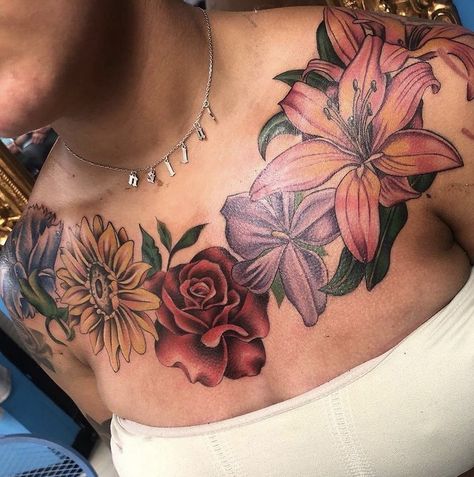 Colorful Flower Tattoo Black Women, Dark Color Flower Tattoo, Chest Tattoo Cover Up, Chest Tattoo Flowers, Purple Flower Tattoos, Tattooing Inks, Red Flower Tattoos, Colorful Flower Tattoo, Realistic Flower Tattoo