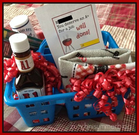 Teacher appreciation gift for MALE teachers. BBQ / Grill themed.    "You deserve an A+ for a job WELL DONE!" Male Teachers, Male Teacher Gifts, Teacher Treats, Job Well Done, Appreciation Ideas, Male Teacher, Teachers Aide, Teachers Diy, Grilling Gifts