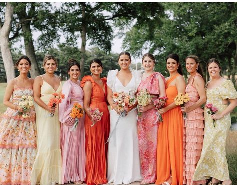 Bright Sunset Wedding Colors, Pastel Sunset Bridesmaid Dresses, Sunset Dress Code, Mexico Wedding Bridesmaids Dresses, Mismatched Orange Bridesmaid Dresses, Sunset Wedding Color Palette, June Bridesmaid Dresses, Orange And Pink Bridesmaid Dresses, Mismatched Bridesmaid Dresses Summer