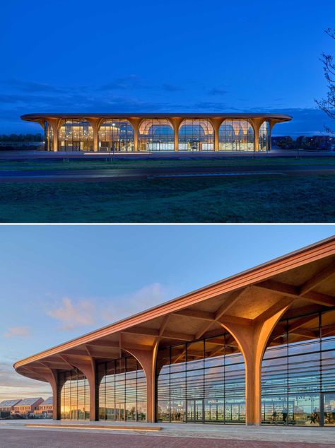 Exposed Structure Architecture, Modern Supermarket, محطة وقود, Canopy Architecture, Timber Architecture, Pavilion Architecture, Wood Columns, Pavilion Design, Wood Building