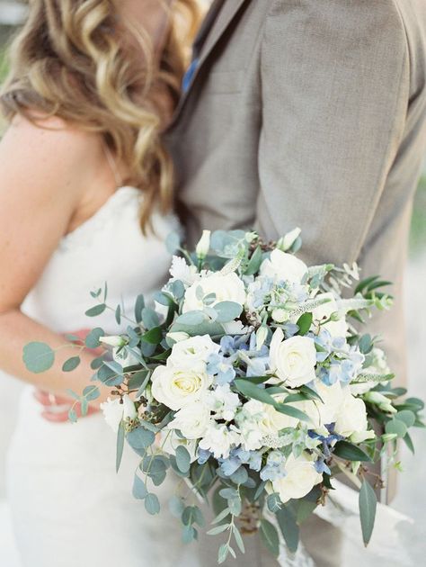 At this coastal wedding, David's Flowers created a spray out of ocean-blue forget-me-nots, white roses, and eucalyptus. Beach Bouquet, Wedding Flower Guide, Blue Wedding Bouquet, Beach Wedding Flowers, Beach Wedding Inspiration, Blue Wedding Flowers, White Wedding Bouquets, Dusty Blue Weddings, Coastal Wedding