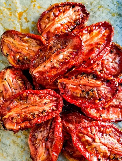 Easy slow roasted tomatoes recipe is the perfect way to use unripe plum or Roma tomatoes. Oven roast on a low heat for the perfect sweetness. Easy for meal prep and whole30, vegan, paleo, vegetarian, gluten free, dairy free, wahls protocol recipe. A perfect side dish for dinner or throw into your favorite pasta! #healthy #roastedvegetables #howto peelwithzeal.com Plum Tomatoes Recipes, Slow Roasted Cherry Tomatoes Oven, Roma Tomatoes Recipes, Roma Tomato Recipes, Roasted Tomatoes Recipe, Roasted Tomato Recipes, Wahls Protocol, Whole30 Vegan, Pasta Healthy