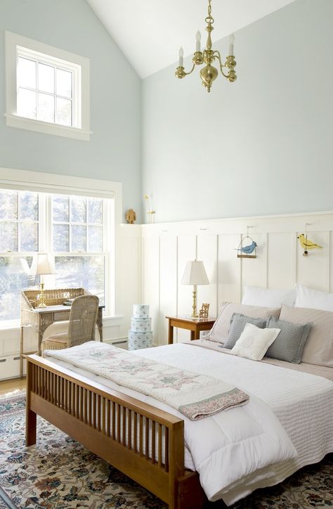 aqua smoke behr | Aqua Breeze 500E-3 by Behr.- master option 1 Wainscoting Bedroom, Wainscoting Styles, Bath Paint, White Wainscoting, Bedroom Traditional, Beach Bungalow, Farmhouse Bedroom Decor, Dream Beach, Bedroom Paint Colors