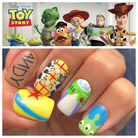 Disney Pixar Toy Story gel nail art #pixarnails #disneynails #toystorynails Toy Story Nails, Disney Inspired Nails, Art Deco Nails, Nail Art Disney, Nail Polish Art, Disney Nails, Art Disney, Halloween Nail Art, Christmas Nail Art