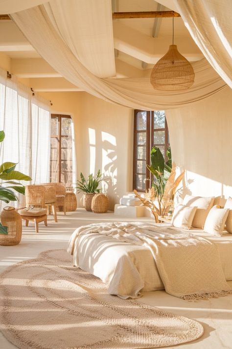 Create a tranquil retreat by incorporating natural light, earthy tones, and woven textures. This stunning bedroom design invites relaxation and peace, perfect for anyone looking to enhance serenity and comfort in their home. Embrace the warmth and elegance of simple decor elements to create a calming oasis. . BedroomDecor #HomeDesign #InteriorStyling #CozySpaces #NaturalLight #ModernAesthetic Pale Yellow Bedroom Aesthetic, Mediterranean Room Bedrooms, Simple Calm Bedroom, Mediterranean House Bedroom, Calm Bedroom Aesthetic, Pale Yellow Bedrooms, Serenity Bedroom, Mediterranean Bedroom Ideas, Mediterranean Room