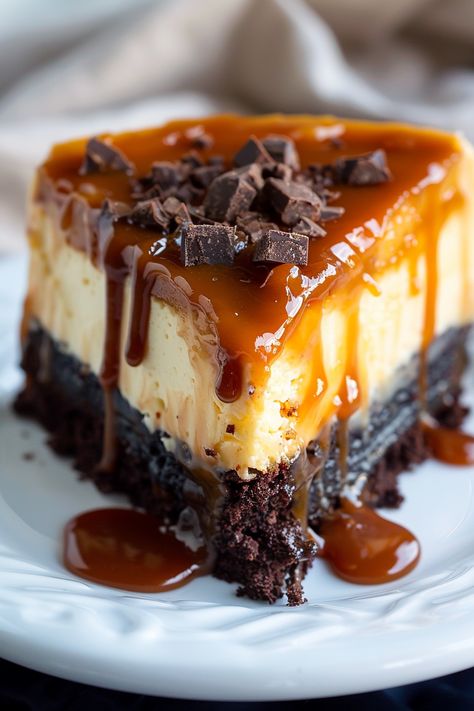 Caramel Brownie Cheesecake, Caramel Glaze Recipe, Brownie Cheesecake, Fudgy Brownie, Caramel Desserts, Vanilla Cheesecake, Homemade Caramel Sauce, Classic Cheesecake, Pecan Cake