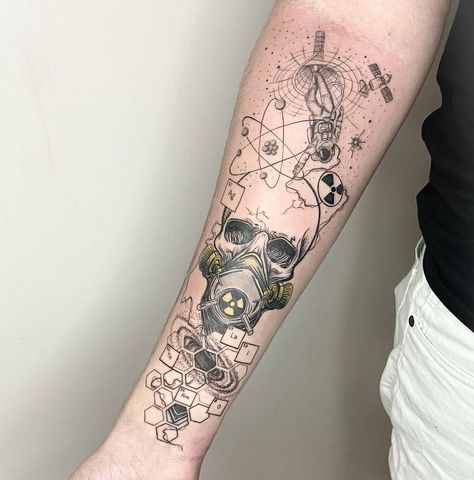 Science Arm Tattoo Forensic Science Tattoo Ideas, Science Fiction Tattoo Ideas, Cool Science Tattoos, Immunology Tattoo, Science Themed Tattoos, Earth Science Tattoo, Nuclear Tattoo Design, Medical Sleeve Tattoo, Science Tattoo Sleeve