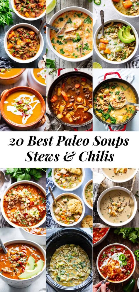 It's soup season and I'm rounding up all of my cozy favorites!  These paleo soups, chilis and stews are nourishing, simple to prepare and of course delicious!  Most are Whole30 and keto friendly as well. #paleo #whole30 #cleaneating Paleo Stew, Whole 30 Soup, Paleo Soup Recipe, Paleo Soups, Aip Paleo Recipes, Paleo Soup, Whole Chicken Recipes, Paleo Crockpot, Crockpot Soup Recipes