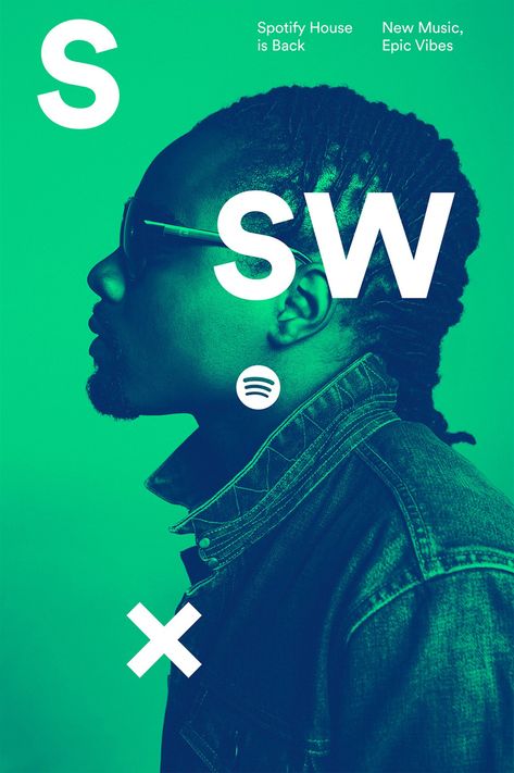 Spotify refresh design by COLLINS. SXSW Poster. Graphic Design Color Trends, Spotify Design, Spotify Playlist Cover, Design Color Trends, Text Poster, Duo Tone, Brand Refresh, Event Branding, Graphic Design Trends