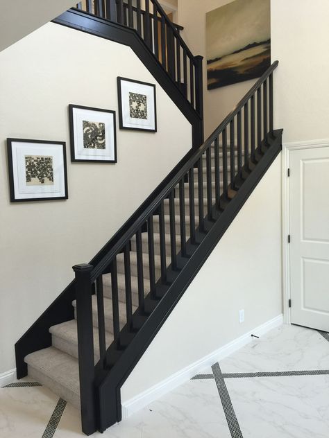 Black Stairs With Wood Steps, Black Staircase Railing With Carpet, Black Wooden Banister, Black Stair Skirt, Black Banister With Carpet Stairs, Dark Stairs Ideas, Tricorn Black Stair Railing, Black Railing Stairs With Carpet, Black Painted Stairs Banisters