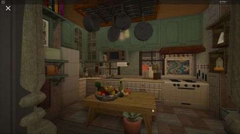 Creative Bloxburg Ideas, Bloxburg Kitchen Cottagecore, Bloxburg Kitchen Ideas Cottage Core, Cottagecore Bloxburg Interior, Cottagecore Living Room Bloxburg, Hippie Bloxburg House, Bloxburg Victorian Kitchen, Realistic Bloxburg Kitchen, Cottagecore Bloxburg House