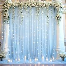 Blue Curtain Backdrop, Birthday Party Stage Decorations, Baby Shower Backdrop Ideas Boys, Sheer Curtain Backdrop, Curtain With Lights, Drapes For Wedding, Engagement Party Backdrop, Sheer Backdrop, Bday Decoration