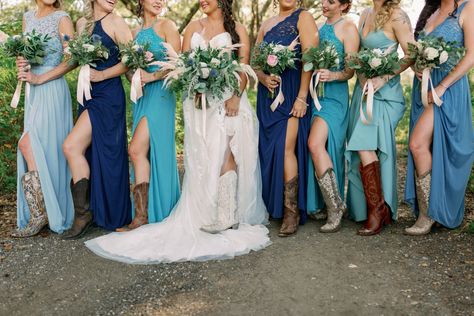 Wedding Cowboy Boots For Bridesmaids, Bridesmaids Cowboy Boots Long Dresses, Dusty Blue Bridesmaid Dresses With Cowboy Boots, Wedding Cowgirl Boots Bridesmaids, Barn Wedding Bridesmaid Dresses Cowboy Boots, Wedding Dresses With Boots Country, Wedding Party Cowboy Boots, Western Wedding Bridesmaids Dresses With Boots, Western Maid Of Honor Dresses