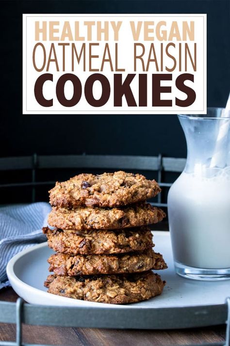 These vegan oatmeal raisin cookies are made with whole food ingredients, are gluten-free and taste like decadence. They will win over any cookie lover! #vegancookierecipes #healthydesserts Cookies With Raisins, Vegan Oatmeal Raisin Cookies, Best Oatmeal Raisin Cookies, Vegan Baking Recipes, Vegan Oatmeal, Vegan Cookies Recipes, Oatmeal Cookies Chewy, Cookies Vegan, Cookies Easy