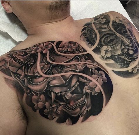 Chest Piece Tattoo Men Design, Chest Tattoo Japanese, Samurai Tattoo Sleeve, Koi Tattoo Sleeve, Full Chest Tattoos, Tato Dada, Hannya Mask Tattoo, Hanya Tattoo, Traditional Tattoo Inspiration