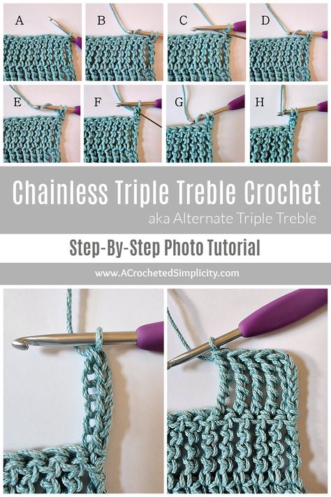 Learn how to crochet the Chainless Triple Treble Crochet aka Alternate Triple Treble Crochet, with this step-by-step crochet stitch photo tutorial. #crochet #crochetstitches #alternatecrochetstitches #alternatecrochetstitch #crochettutorial #crochetstitchtutorial #crochetphototutorial #chainlessstartingtripletreble #tallcrochetstitches #tripletreblecrochet #tripletreblecrochetstitch #learntocrochet #chainlesstripletreble #chainlesstripletreblecrochet #freecrochettutorial #alternatetripletreble Triple Stitch Crochet, Triple Crochet Stitch Tutorial, Crochet Hotpad, Crocheting Tips, Triple Crochet Stitch, Yarn Projects Crochet, Triple Crochet, Crochet Queen, Different Crochet Stitches