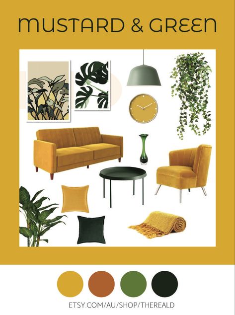 Monstera Printable, Mustard Yellow And Green, Green Ceiling, Mustard Yellow Decor, Yellow Couch, Mustard Walls, Yellow Cushion, Green Interior Design, Yellow Sofa