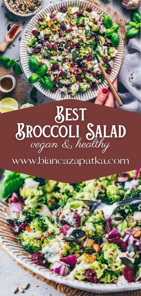 This best broccoli salad recipe is my favorite easy vegan cookout side dish! It’s delicious, healthy, naturally gluten-free, and topped with a light dairy-free yogurt dressing (contains no mayo and no refined sugar). Perfect for lunch, dinner or any time you need some vitamins in your life! Broccoli Salad Gluten Free, Gluten Free Dairy Free Salads Recipes, Salads Recipes Gluten Free, Broccoli Salad Recipes Healthy, Dairy Free Salads Recipes, Gluten Free Recipes Cookout, Nut Free Salad Recipes, Vegan Potluck Salad, Lactose Free Salads