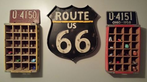 Vintage Wood Cola Soda/Pop crates with Route 66 sign for boys room Vintage Car Boys Bedroom, Vintage Car Room For Boys, Vintage Car Room, Car Toddler Room, Guy Room Decor, Teddy Bedroom, Garage Nursery, Truck Room Decor, Vintage Boys Room