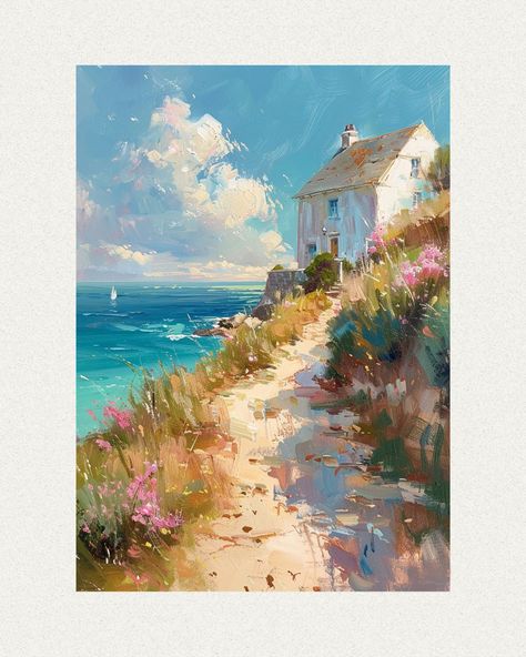 Discover the tranquility of the English countryside with our 'Pastel Coastal Cottage' poster. Featuring a serene coastal scene with a charming house by the sea in beautiful pastel colors, this art print is created using eco-friendly water-based inks on high-quality paper. Available in various sizes, perfect for adding coastal charm to any room. English Coast, Farm Paintings, Cottage Painting, Eco Friendly Art, Quaint Cottage, Coastal Painting, Artwork Ideas, House By The Sea, Kunst Inspiration