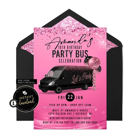 This Party Bus Invitation is perfect for birthdays, bachelor / bachelorette parties, sports outings and more! You CAN edit all event text Party Bus Graphic/ Background / Design colors can NOT be changed *Envelopes not available, display marketing purposes only.  PLEASE message us with questions or notes - we may not see your notes in the "notes to seller" for instant downloads due to high volume of orders.  THIS DIGITAL FILE WILL BE INSTANTLY EDITED BY YOU, USING TEMPLETT.  TRY BEFORE YOU BUY Follow this link to demo this invite: https://templett.com/design/demo/littlehamcollection/17233016 Templett items can NOT be edited via  mobile/Tablet device OR on Internet Explorer.  Full directions on how to edit & download are available under the "seller instructions" when you hover over your temp Kids Party Bus, Graphic Background Design, Party Bus Birthday, Black And Gold Party, Teal Party, Graphic Background, Bachelor/bachelorette Party, Invitation Party, Black Invitation