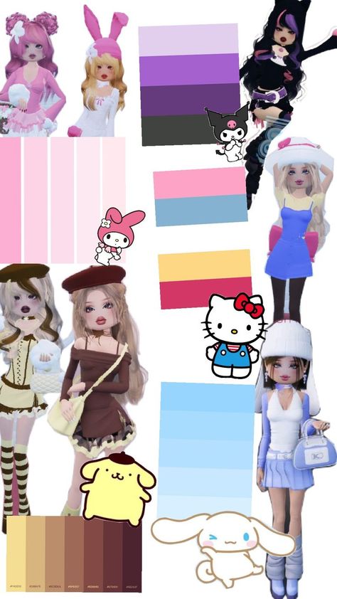 pompompurin, melody, kuromi, hello kitty and cinnamoroll outfit ideas and colors Cinnamoroll Outfit, Hello Kitty And Cinnamoroll, Cute Doodles, Dress To Impress, Hello Kitty, Outfit Ideas, Doodles, Kitty, Color