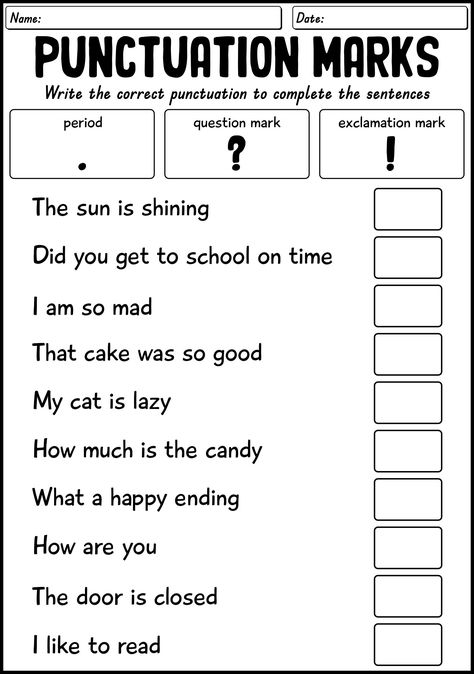 First Grade Punctuation Practice Sheets 1st Grade Punctuation Worksheets, Teaching Punctuation First Grade, Lesson Plans For First Grade, Punctuation Worksheets 3rd, Punctuation Activity, Grade 2 Language, Punctuation Practice, Teaching Punctuation, Punctuation Activities