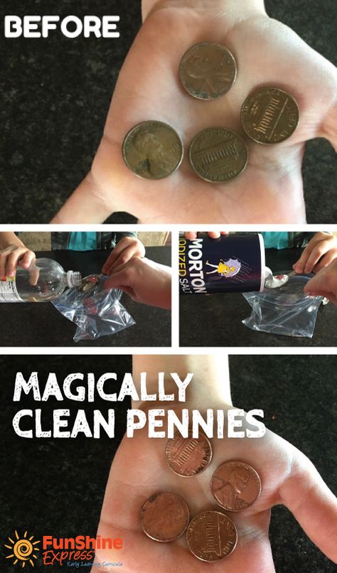 “Find a penny, pick it up. All day long you’ll have good luck!” Invite children to help you make a magic solution to turn tarnished pennies shiny again! Penny Crafts Diy Ideas, How To Clean Pennies Diy, Clean Pennies, Cleaning Pennies, Cleaning Coins, Penny Craft, Penny Ball, How To Clean Pennies, Penny Crafts