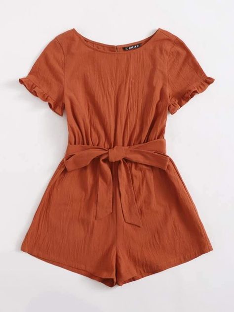 Ruffle Trim Split Back Self Belted Romper | SHEIN USA Comfy Jumpsuits, Belted Romper, Round Neck Dresses, Cute Rompers, Really Cute Outfits, Girls Fashion Clothes, Cute Summer Outfits, Rompers Women, Women's Dress