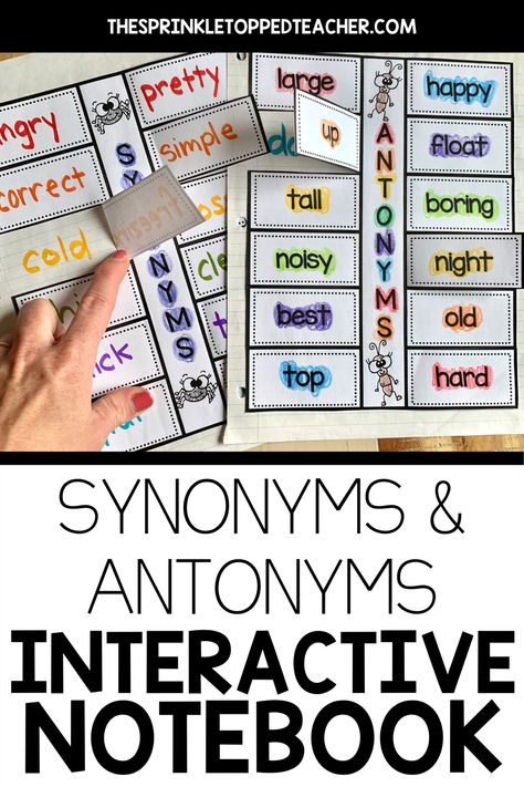 Interactive activities help students retain knowledge better! Grammar can be a difficult subject to teach and for students to understand. Grammar skills make up part of the building blocks of great literacy skills. Without a good grasp of grammar, students will fall behind on their reading and writing capabilities. To tackle the problem of boring grammar, I created this Synonym and Antonym Interactive Notebook for students from first to fifth grade! Click here to see this fantastic resource. Teaching Synonyms And Antonyms, Synonym And Antonym Activities, Interactive Notebooks Elementary, Teaching Synonyms, Antonyms Activities, Synonym And Antonym, Synonym Activities, Grammar Notebook, Grammar Interactive Notebook