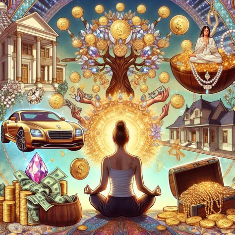 Experience the process of wealth manifestation with this AI-generated image, displaying a meditative individual surrounded by luxurious symbols of prosperity. Witness growth and abundance in every detail. Learn more about wealth manifestations in the linked material. 
#WealthManifestation #Luxury #Prosperity #Abundance #Growth #AIArt Female Holding Money, Abundance Images Wealth, Abundance Images Photography, Vision Board For 2025, Manifesting Images, Abundance Illustration, Meditation Vision Board, Abundance Vision Board, Luxury Manifestation