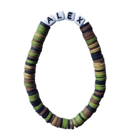 6mm camo heishi beads with custom, square word Sizing is based on child's age Men/ Male Camo Bracelet Pattern, Boy Bracelet Ideas, Bracelet Ideas For Boys, Fall Bracelet Ideas, Camo Bracelet, Mens Bracelet Diy, Make Clay Beads, Western Bracelets, Boys Bracelets