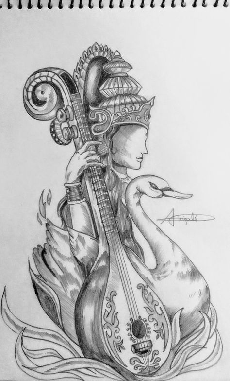 Saraswathi Devi Drawing, Saraswati Pencil Sketch, Indian God Sketch, Saraswati Maa Sketch, Saraswati Devi Sketch, Saraswati Drawing Art, Saraswati Goddess Sketch, Devi Maa Drawing, Sarswati Maa Drawings