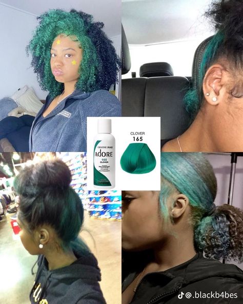 Color Combo Hair Dye, Hair Color Combinations For Black Women, Blue Hair On Curly Hair, Teal Streaks In Brown Hair, Colors To Dye My Hair, Pretty Hair Dye Ideas, Dark Green Hair Black Women, Hair Dyes For Black Hair, Blue Dye Hair