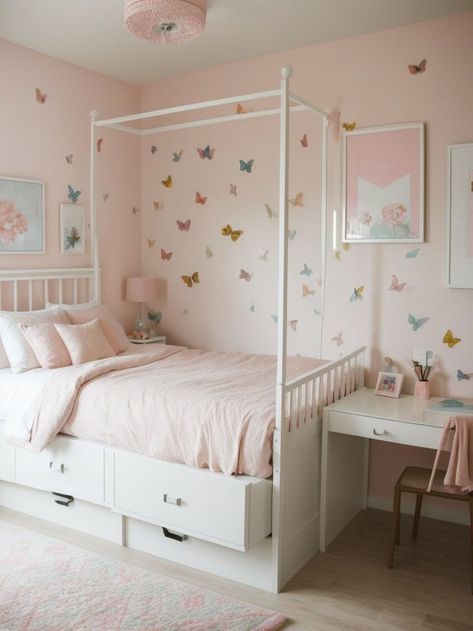 Create a whimsical girls bedroom with an accent wall in a soft pastel color, adorned with removable wall decals of flowers and butterflies. Complete the look with a canopy bed, fluffy pink rugs, and a shelf filled with storybooks and stuffed animals. For a modern and playful touch, design a kids bedroom with an accent wall featuring a colorful geometric pattern. Butterfly Bedroom Ideas, Butterfly Bedroom Ideas Kids, Decorate Living Room Wall, Whimsical Girls Bedroom, Walls Decoration Ideas, Wall Decor Inspiration, Butterfly Bedroom, Decorate Living Room, 3d Wall Decor