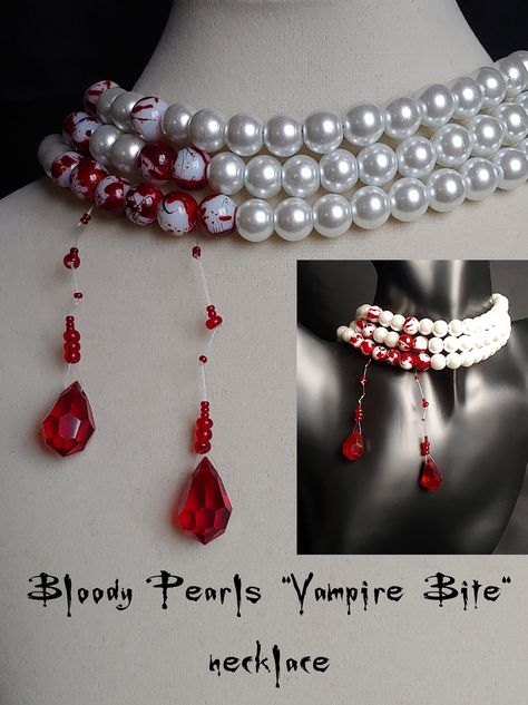 Bloodwork Jewelry, Red And White Jewelry, Vampire Bite Necklace, Blood Jewelry Diy, Vampire Glasses, Blood Jewelry, Vampire Bite, Vampire Jewelry, Vampire Bites