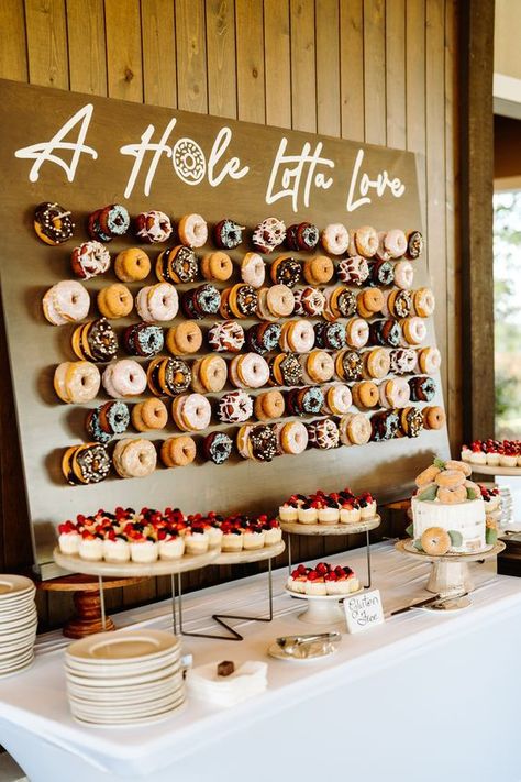 Donut At Wedding, Donut Board Wedding Display, Wedding Doughnuts Display, Donut Cake For Wedding, Wedding Cakes With Donuts On Top, Ideas For A Dessert Table, Donut Bar At Wedding, Donut Board For Wedding, Donut Peg Board Wedding