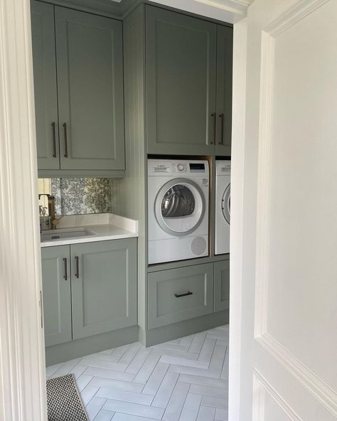 Utility Must Haves, Sage Utility Room, Utility Flooring Ideas, Sage Green Utility Room, Laundry Room Green Walls, Green Cabinets Laundry Room, Green Utility Room, Green Laundry Room Ideas, Sage Green Laundry Room