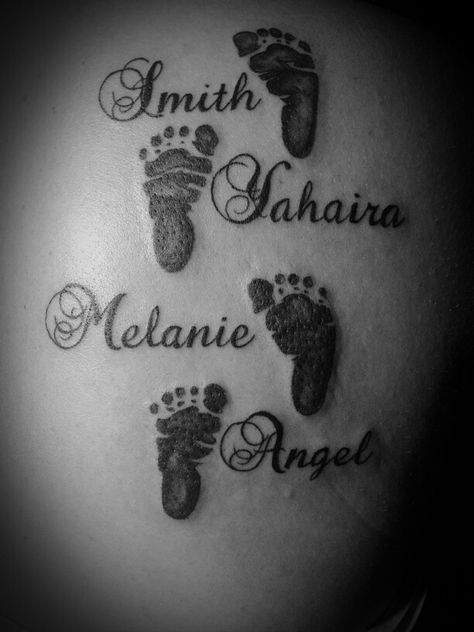 Foot prints with names I had fun doing this #tattoos #tattoosformoms #nametattoos #momtattoos Newborn Tattoo, Name Tattoos For Moms, Baby Name Tattoos, Kid Name Tattoo, Tattoos With Kids Names, Foot Tattoos For Women, Парные Тату, Baby Footprints