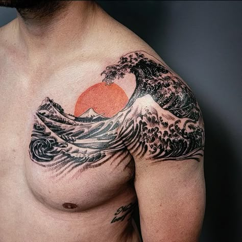 Bold Chest Tattoo, Chest Tattoos For Guys, Chest Tattoo Designs For Men, Futuristic Tattoo, Upper Shoulder Tattoo, Traditional Chest Tattoo, Men Embracing, Art Personality, Japanese Wave Tattoos