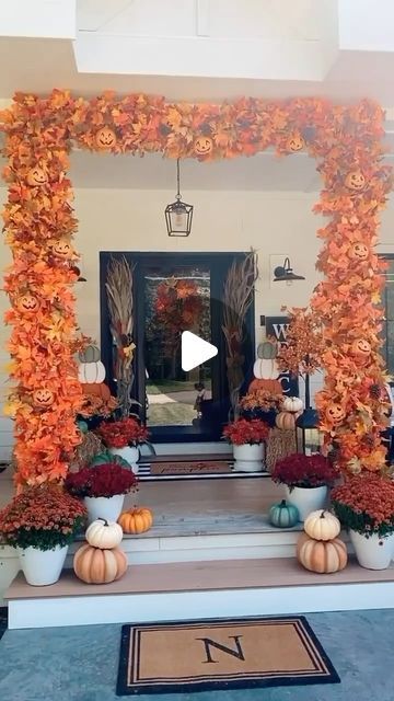 Leaf Garland Front Porch, Pvc Archway, Porch Garland, Orange String Lights, Fallen Arches, Dollar Tree Pumpkins, Porch Pumpkins, Pvc Pipes, Im Obsessed